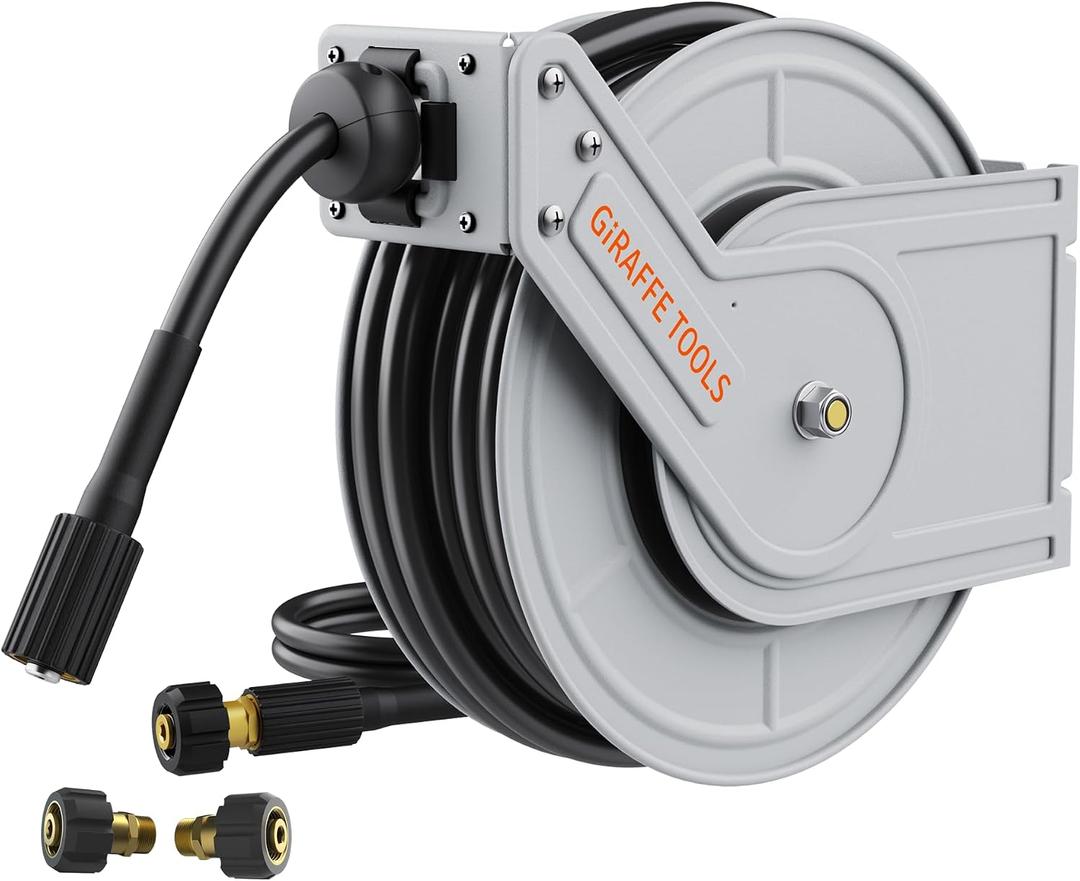 Giraffe Tools Pressure Washer Hose Reel, 1/4" x 65 ft Retractable Pressure Washer Reel, Heavy Duty Power Washer Reel, Any Length Lock, Auto Rewind, Wall Mounted, 4000 PSI, 2 * M22-15mm Connectors