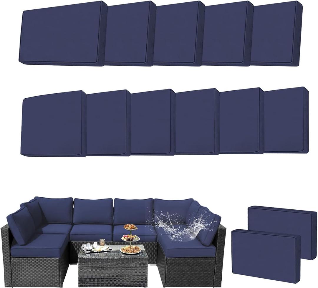 14Pcs Stretch Patio Cushion Covers Replacement Outdoor Couch & Sofa Covers Waterproof UV-Resistant Slipcovers for Patio Furniture Cushion with Zipper, Blue
