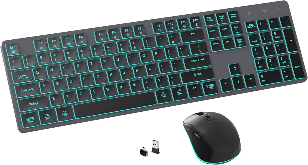 Quiet Wireless Keyboard and Mouse Backlit, Rechargeable Silent Flat Keyboard Mouse Combo, Jiggle Mouse, 2.4GHz Cordless Slim Keyboard Mouse for Mac, Windows, PC Computer, Laptop, Desktop (Space Gray)