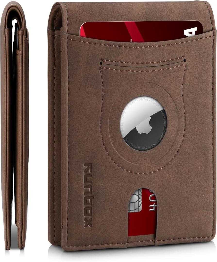 RUNBOX AirTag-Wallet-Mens-Slim-RFID Blocking Wallets Leather with Bill Compartment Air Tag Bifold Card Holder Wallet Gifts for Men Dad (Bicolor Crazy Horse Coffee)