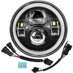 7 inch Motorcycle LED Headlight DRL White Halo DOT Kit Compatible with Harley Davidson Fat Boy Street Glide Heritage Softail Road King Electra Glide - Black