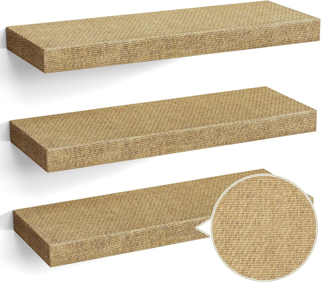 Alsonerbay Rattan Floating Shelves for Wall Set of 3, 15.7 Inch Wood Shelves Wall Mounted with Invisible Brackets for Bedroom Living Room Nursery and More