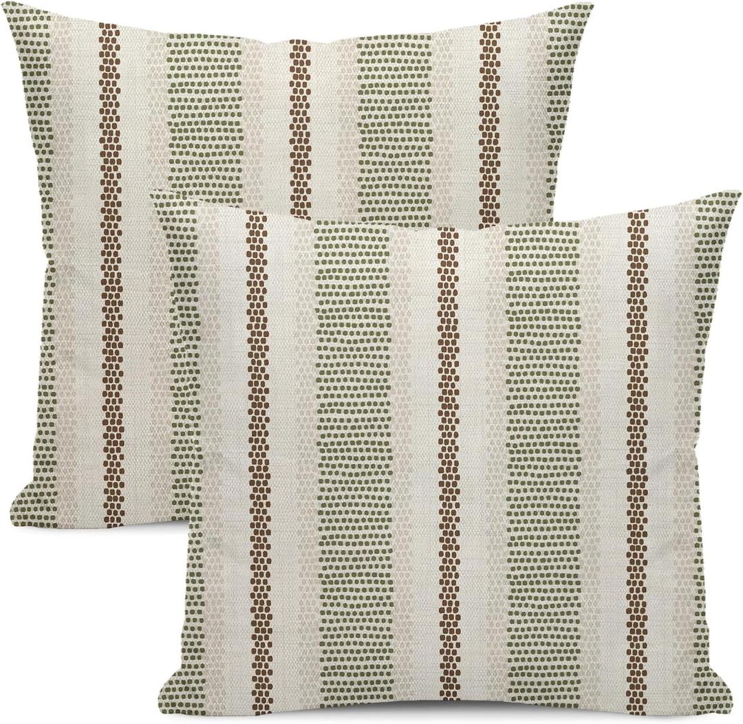Boho Pillow Covers 16x16 Set of 2 Sage Green Brown Stripes Throw Pillow Covers Outdoor Decorations Modern Abstract Decorative Pillowcase Farmhouse Linen Cushion Case Decor for Home Couch Sofa