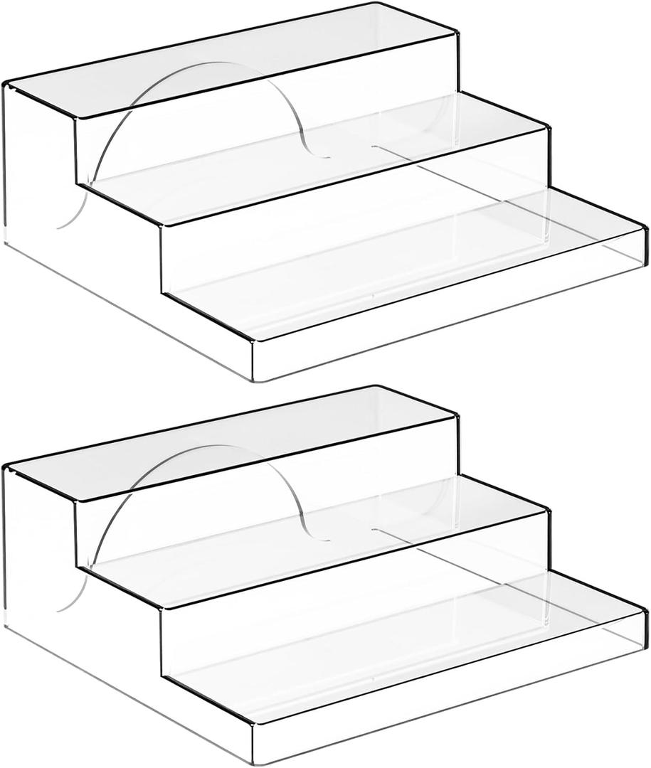 Yieach 3 Tiered Acrylic Display Stands for Cupcake Stand, Perfume Shelf Organizer, Figure and Funko Pop Display, No Installation, Clear Table Risers Display Stands for Collectibles, Makeup and Dessert,2PCS