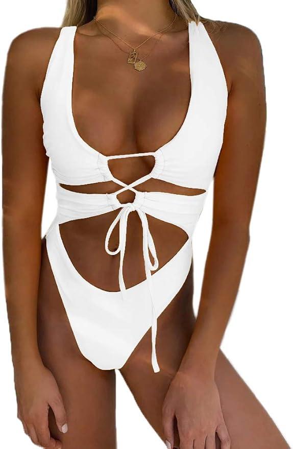 CHYRII Women's Sexy Cutout Lace Up Backless High Cut One Piece Swimsuit Monokini (Medium, White)
