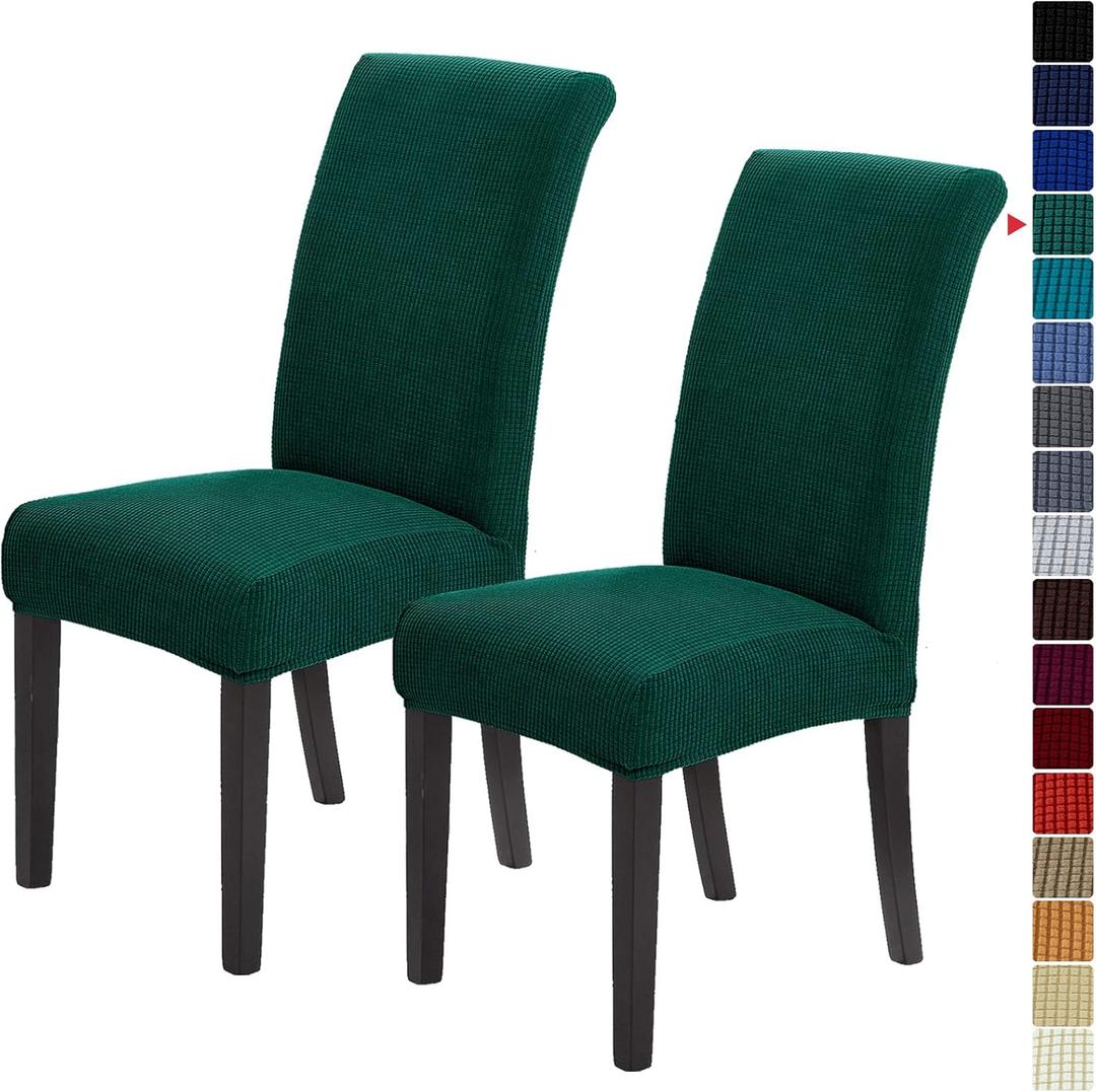 Chair Covers for Dining Room Set of 2, Stretchy Dining Chair Covers, Textured Jacquard Kitchen Chair Slipcovers, Classy Decor for Home and Banquet (Hunter, 2 Pack)