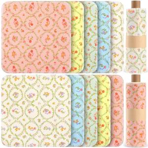 Redbaker 50 Pcs Reusable Paper Towels Paperless Reusable Cotton Cloths Toilet Absorbent Washable Paper Towels with Roll Kitchen Dishcloth for Kitchen Paperless Dishcloths(Floral Wreath)