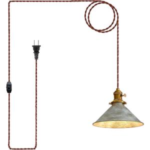 Hanging Lights with Plug in Cord Antique Silver Cage Industrial Pendant Light On/Off Switches Distressed Vintage Metal Finish Hanging Lamp for Farmhouse, Loft & Cafe Lighting