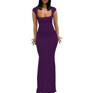 Womens Summer Cap Sleeve Square Neck Elegant Casual Lounge Bodycon Slim Maxi Evening Party Long Dress (Small, Dark Purple)