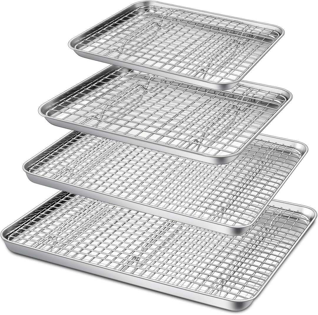P&P CHEF 16 + 12.5 + 10.4 + 9 Inch Baking Sheet and Rack Set, 8Pcs Stainless Steel Cookie Sheets Oven Baking Pans Trays with Cooling Racks for Cooking, Oven & Dishwasher Safe, Pans with Grid Racks