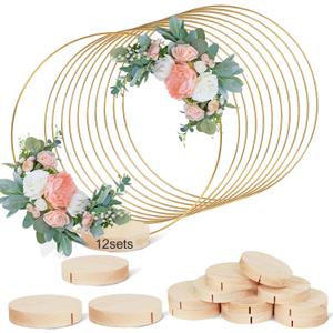 GUDELAK 12Pcs 12 Inch Metal Floral Hoop Centerpiece with Stand for Table, Metal Macrame Gold Wreath Ring with 12Pcs Holders Stands, Table Centerpieces for DIY Wedding Decor Wall Hanging Crafts