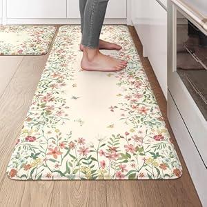 KIMODE Kitchen Mats for Floor Anti Fatigue, Flower Butterfly Kitchen Rugs Sets of 2, Cushioned Kitchen Floor Mats, Comfort Standing Mat for Sink Laundry Office Desk 20"x47"+20"x32" Beige