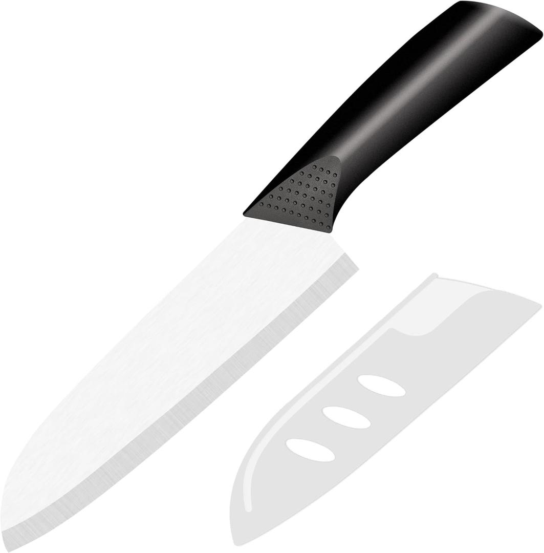 Ceramic Knife - 7 inch Chef's Santoku Knife - Sharp Ceramic Kitchen Knife with Sheath Cover (Black)