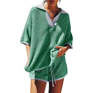 Tankaneo Womens Sweater Set 2 Piece Outfits Oversized 3/4 Sleeve V Neck Knit Tops High Waisted Shorts Lounge Sets (XX-Large, Green)