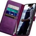 DuckSky Compatible with iPhone 17 6.3" Genuine Leather Wallet caseRFID Blocking4 Credit Card HolderReal Leather Flip Phone case Cover Women Men for Apple 17 case Purple