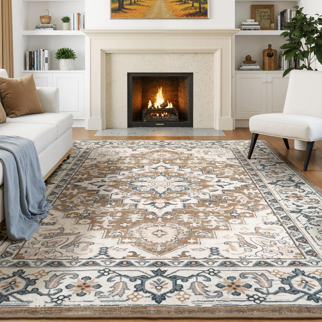 Lessymo 5x8 Area Rug for Living Room - Machine Washable Area Rugs, Super Soft Faux-Wool Area Rugs for Bedroom Kitchen, Boho Rug Vintage Floral Non-Slip Low Pile, Brown Beige