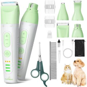 SUPRENT Dog Grooming Kit, 4 in 1 Quiet Pet Clippers for Grooming Supplies, Cordless Cat Paw Trimmer Dog Nail Grinder, Professional Long Hair Shaver Set for Cat Matted Hair and Small Dogs Thick Coats (Green)