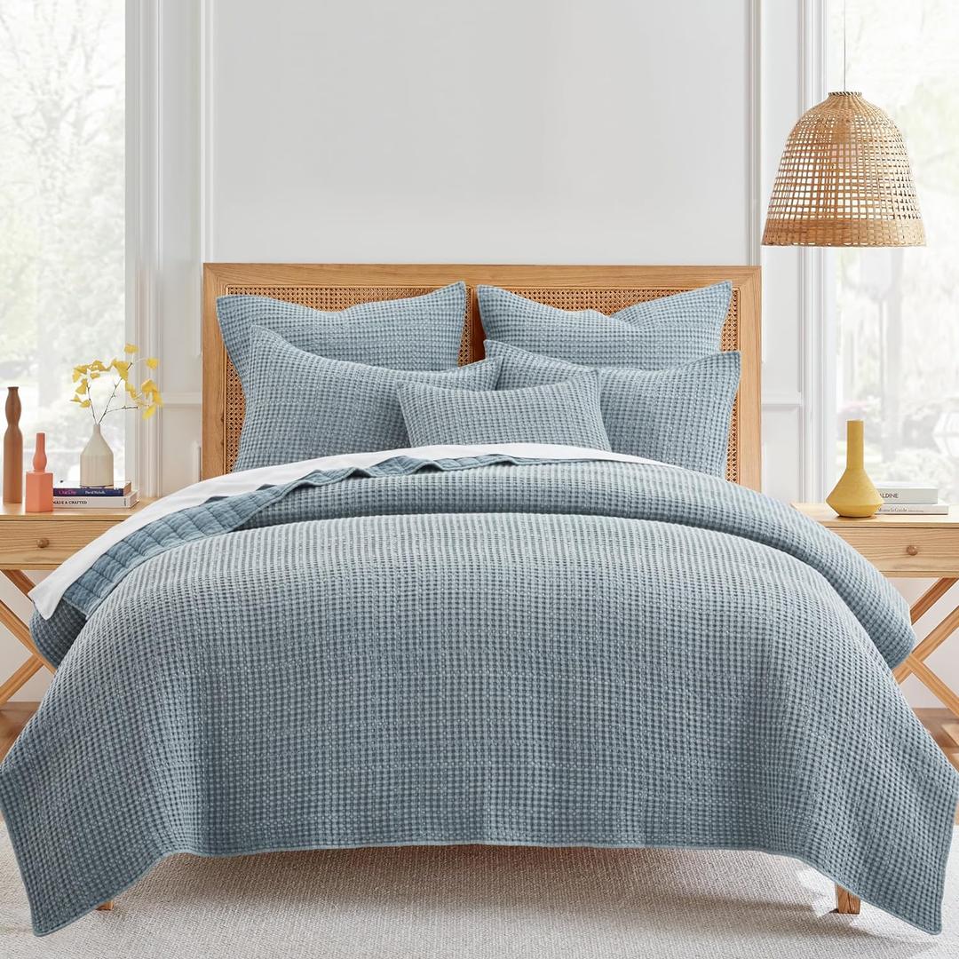 Levtex Home Mills Waffle King/Cal King Quilt Set (106x92in) with 2 Pillow Shams (36x20in) - Chambray - Cotton Waffle King Size Quilt Bedding Set - Lightweight, Soft, Pre-Washed