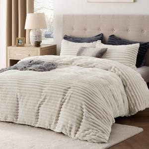 Bedsure Fluffy Duvet Cover Set - Ultra Soft Plush Shaggy Comforter Cover King Size, Warm Flannel Fleece Bed Sets for Winter, 3 Pieces (Striped Pattern, Linen) (King (104" x 90"))