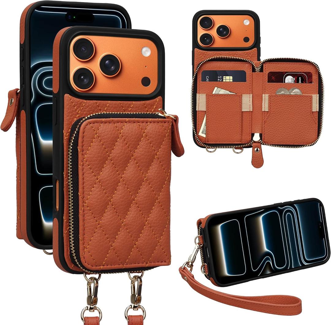 Wallet Case for iPhone 17 Pro Max 6.9", Genuine Leather Crossbody Zipper Purse with 4 Card Slots & RFID Blocking, Wrist Strap Handbag, Lanyard Kickstand Flip Cover for Women Orange