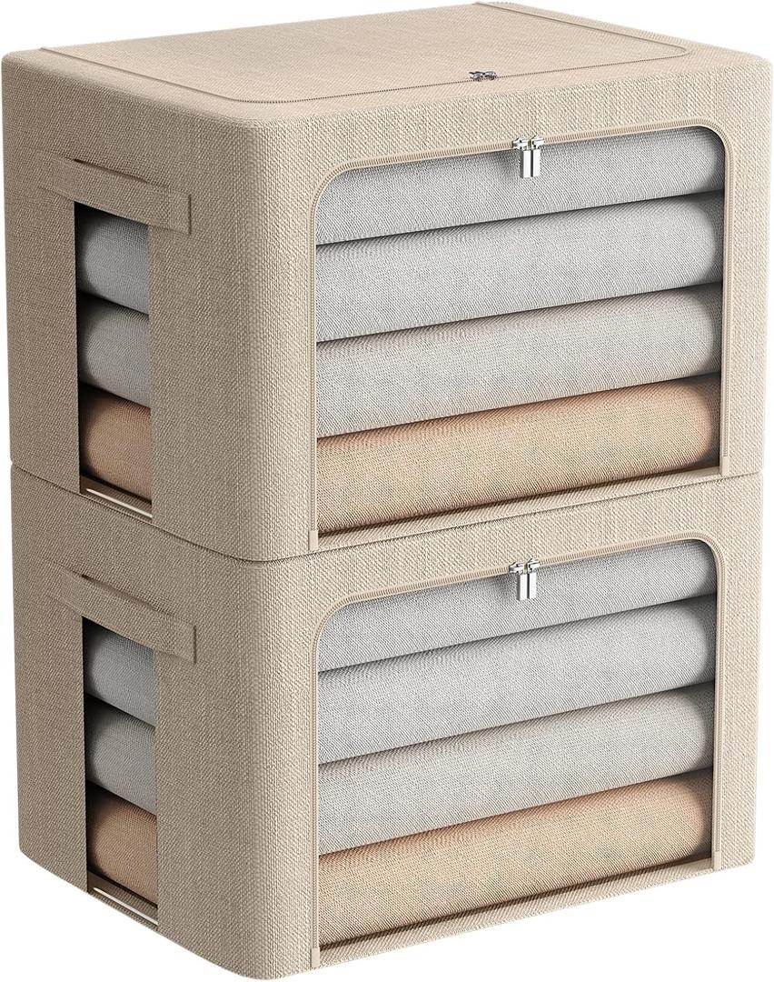 FHSQX 2 Pack Clear Window Storage Bins - Large Stackable Linen Fabric Storage for Clothes Foldable Container Organizer Set with Carrying Handles (Beige, 19.7x 15.7x 12.6 Inch)