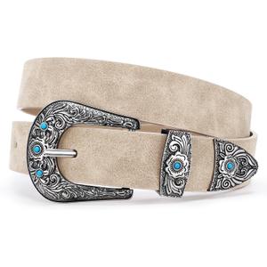 XZQTIVE Western Belt for Women, Cowgirl Cowboy Suede Leather Belt for Jeans Pants, Country Belts with Vintage Buckle (Beige) Fits Waist 31"-36"