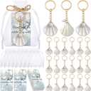 Equsion 24 Sets Seashell Keychain Beach Party Favor Last Toast on The Coast Party Bulk Gift Beach Shell Charm and Pearl Gift with Organza Bag for Nautical Wedding Baby Shower Bridal Shower (White)