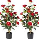 Artificial Camellia Tree 2 Pack - Realistic Camellia Plants in Pot with Red Flowers, Lifelike Faux Greenery for Living Room, Patio, or Wedding, Red
