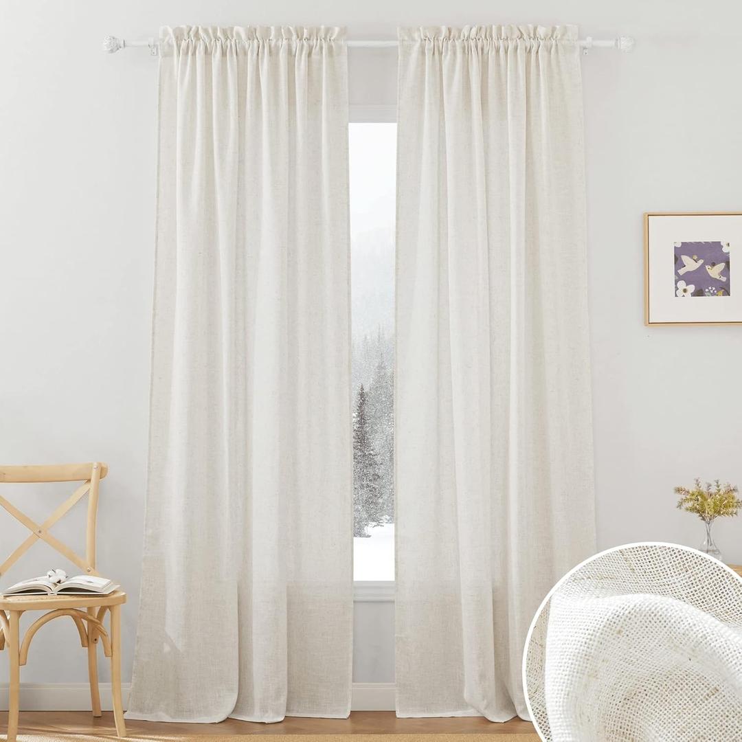 RYB HOME Linen Blend Curtains 90 inches Long - Light Filtering Semi Sheer Airy Breathable Window Treatments Soften Sunlight for Farmhouse Living Room Dining Door, Linen, W 52 x L 90 inch, 2 Panels