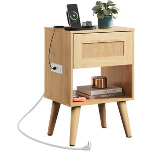 WLIVE Rattan Nightstand with Charging Station, Boho Night Stand, Small Bedroom Side Table, End Table with Drawer and Storage, Wood Bedside Tables for Bedroom, Small Spaces, Natural Oak