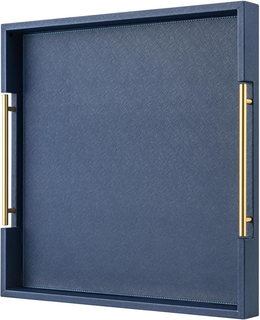 Navy Blue Faux Leather Decorative Tray,Large Square Serving Tray with Handles,coffee table tray for Home decor,Large Ottoman Tray for Living Room,Bathroom, 20 x 20in (20" x 20" x 2")