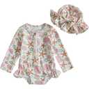 Infant Baby Girl Swimsuit Long Sleeve Zipper One Piece Bathing Suit with Sun Hat Swimwear Toddler Girl Rash Guard 3-4 Y