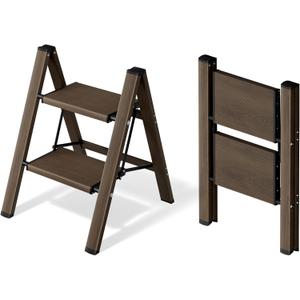 Mayi Plus 2 Step Ladder,Aluminum Folding Step Stool for Adults,Step Ladder with Wide Anti-Slip Pedal,330 lbs Capacity for Home,Office,Kitchen,Library(Walnut)