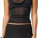Aopwsrlyi Women Summer Sheer Mesh Tank Top Sleeveless Cowl Neck See Through Ruched Tank Tops (Small, Black)