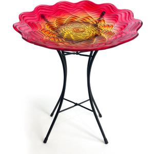 HONGLAND Bird Bath for Outside-Bird Baths for Outdoors-Glass Large Birdbaths Bowl with Metal Stand for Garden Patio Lawn Decor (Red Flower)