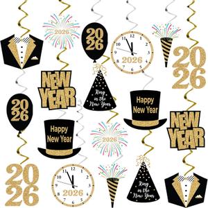 KatchOn, Happy New Year Hanging Swirls Decorations - No DIY, Pack of 30 | New Years Eve Party Supplies 2026, New Years Decorations 2026 | NYE Decorations 2026, Happy New Year 2026 | Nye Party Supplies (Black & Gold)