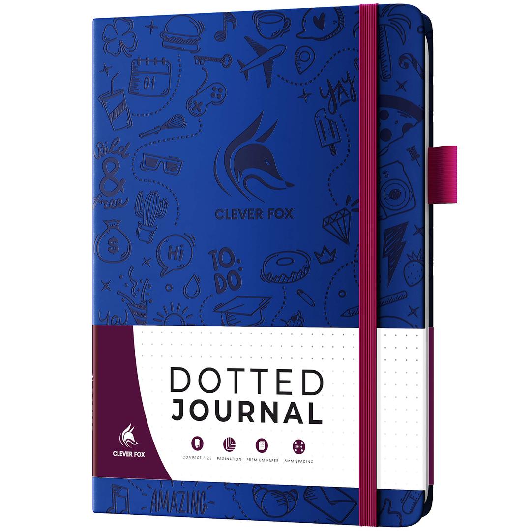 Clever Fox Dotted Journal 2.0 Compact Planning and Sketching Dot Grid Notebook 120 GSM Thick, No-Bleed Paper Planner with Pen Loop, Pocket, Ribbons, Stickers A5 - Navy Blue