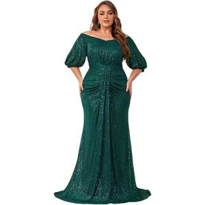 Women's Plus Size Off Shoulder Puff Sleeve Sequin Formal Maxi Dress Evening Party Gowns (3X-Large, Green)