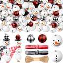 Landical 180 Piece DIY Christmas Snowman Wooden Bead Crafts Christmas DIY Ornaments Red Black Buffalo Plaid Wood Round Bead Xmas Print Wooden Beads with Twine Scarf for Crafts (Classic Color)