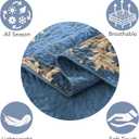 King Quilt Set 100% Cotton Blue Damask Floral Bedspread, Classic European Style Reversible Quilt Bedding Set 3 Pieces, Lightweight All Season, Dark Blue & Brown