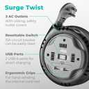 KMC 3-Outlet Surge Twist Cord Reel, 2 USB Ports, Retractable Power Strip Surge Protector, 735J Surge Protection, 5ft Retractable Extension Cord, 3-Prong Low-Profile Flat Plug, UL/ETL Certified, Gray