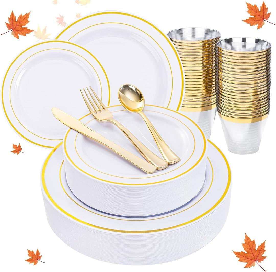 150Pcs Gold Plastic Plates, White Gold Plastic Dinnerware Set Perfect Party, Thanksgiving Disposable Plates Include 25 Dinner Plates,25 Dessert Plates,25 Cups,25 Gold Silverware Set