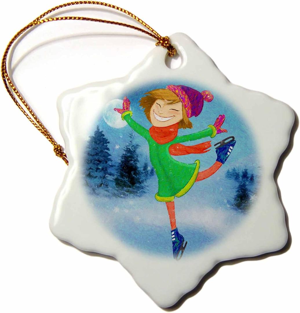 3dRose Female Ice Skater Kids Crayon and Pencil Drawing Style for Holidays Snowflake Ornament, 3"