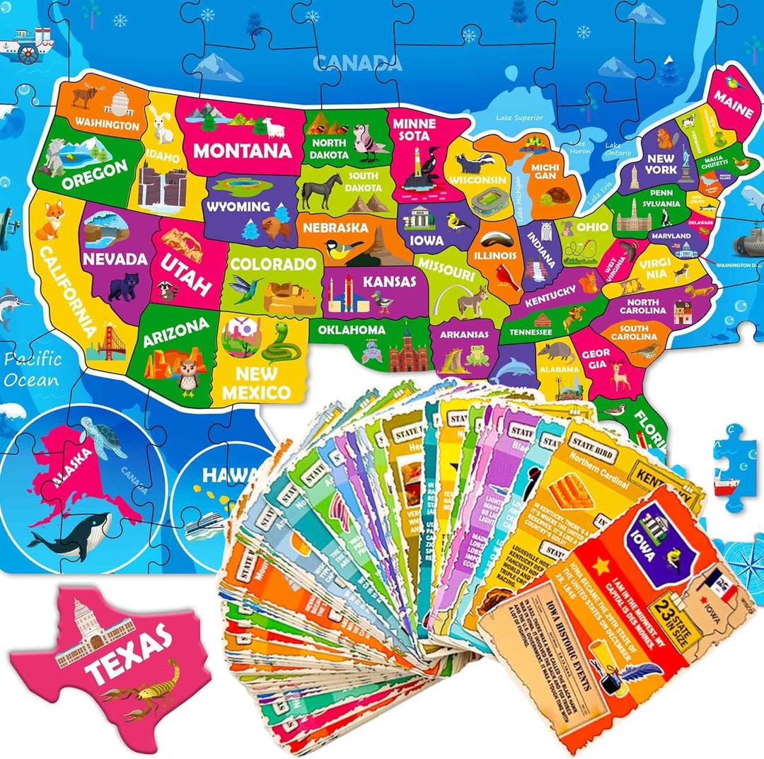 QUOKKA United States Puzzles for Kids Ages 4-6 - 70 Pcs USA Map Kids Puzzle with 50 Cards 400+ USA Facts - State & Capitals Floor Jigsaw Puzzles for Children 6-8 - Educational Toys Gift for Boys Girls