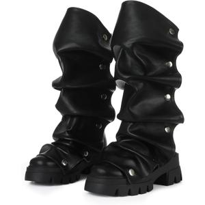 VOMIRA Slouchy Boots for Women Fold Over Boots (9.5, Black Pu)