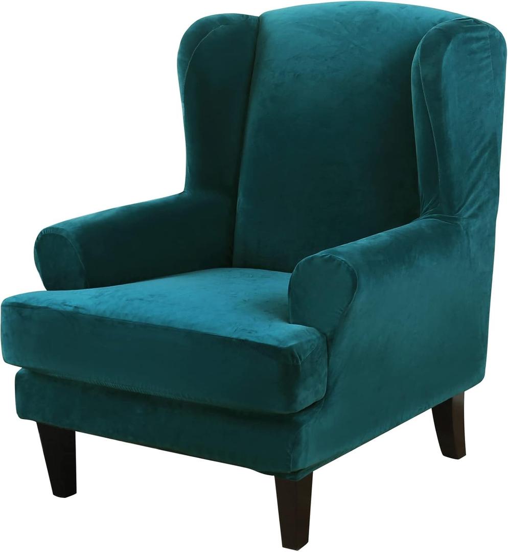MIFXIN Wingback Chair Slipcover 2-Piece Velvet Stretch Wing Chair Slipcovers with Cushion Cover Removable Washable Armchair Sofa Furniture Protector for Living Room (Teal)
