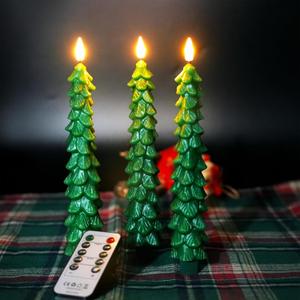 Waxy Christmas Tree Candles with Remote, Christmas Decorations Indoor, 3 PCS Real Wax Flameless Taper Candles Flickering, Green LED Candlesticks Battery Window Candle (9.5 inches)