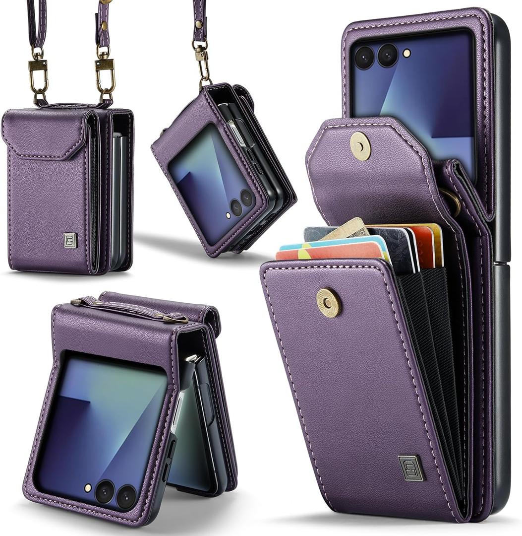 ASAPDOS Crossbody Case Compatible with Samsung Galaxy Z Flip 7, Retro PU Leather Strap Wristlet Flip Case with Magnetic Closure and Card Holder for Men Women Purple