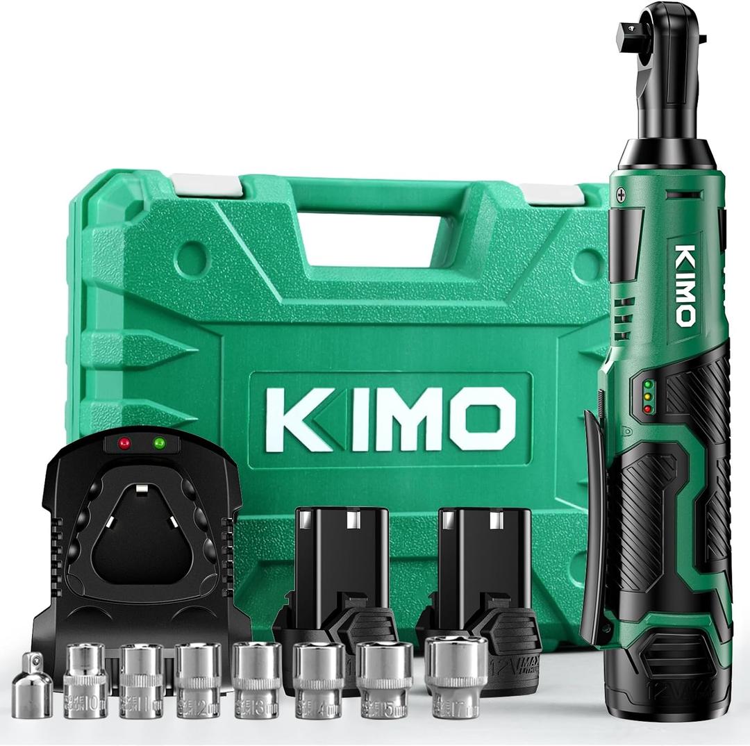 KIMO Cordless Electric Ratchet Wrench Set, 40Ft-lbs, 400RPM, 12V Cordless Ratchet Wrench 3/8" w/Variable Speed Trigger, 7Sockets, 1/4" Adapter, Forward/Reverse Switch, 2Battery Power Ratchet w/Charger