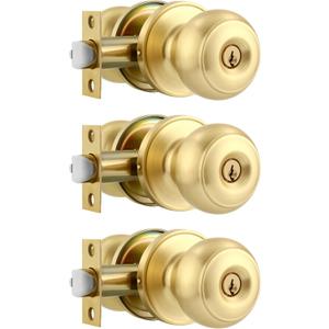 Karlstone 3 Pack Gold Ball Door Knob, Satin Brass Round Front Door Handle Gold Entry Door Lock for Right or Left Handed Doors